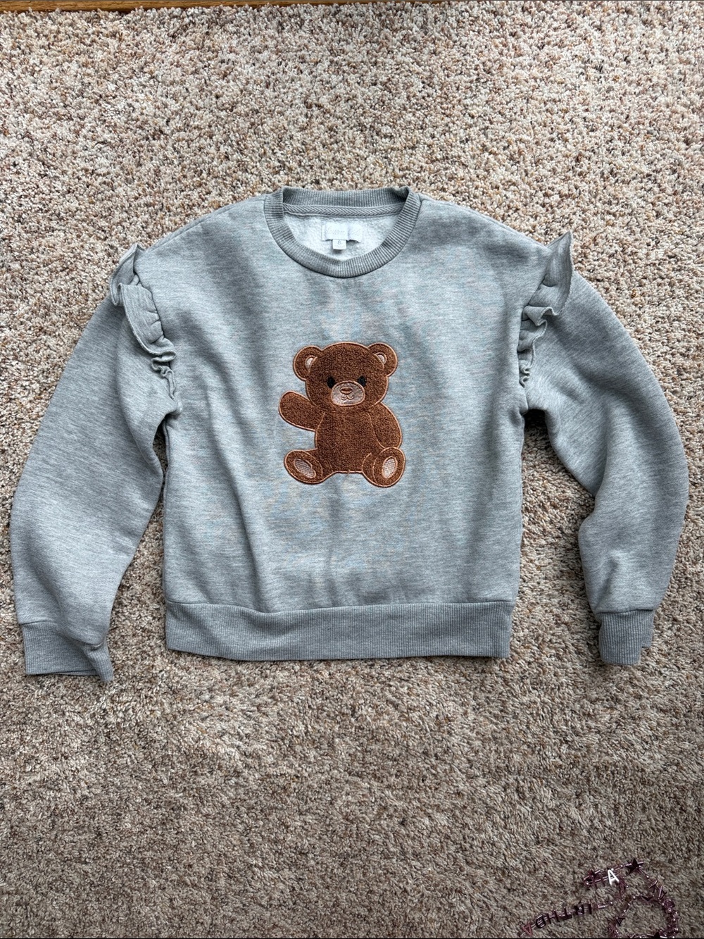 Girls' Gray Sweatshirt with Brown Teddy Applique and Ruffle Shoulders